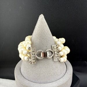 Vintage Imitation Pearl Bracelet Silver‎ Tone Rhinestone 7"